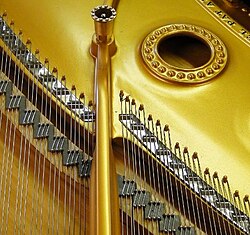 Duplex scaling of an 1883 Steinway Model 'A'. From lower left to upper right: main sounding length of strings, treble bridge, duplex string length, duplex bar (nickel-plated bar parallel to bridge), hitchpins, plate strut with bearing bolt, plate hole