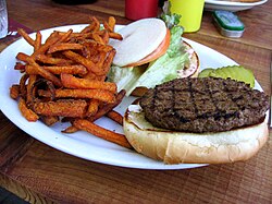 Sweet potato fries with a vegetarian burger