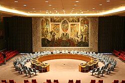The meeting room exhibits Untitled (Mural for Peace), the United Nations Security Council mural by Per Krohg (1952).