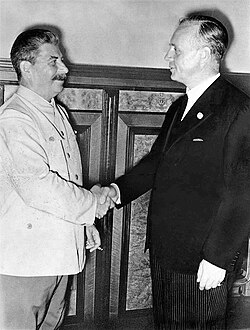 Stalin greeting German foreign minister Joachim von Ribbentrop at the Kremlin, August 1939