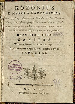 Sermon in Lithuanian, dedicated to the 1794 Vilnius uprising, which was delivered at the Church of St. Johns in Vilnius in 1794