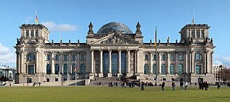 The Reichstag, seat of the German Parliament, dedicated Dem deutschen Volke (To the German people)