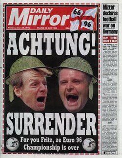 Front page of the Mirror 24 June 1996, with headline "ACHTUNG! SURRENDER For you Fritz, ze Euro 96 Championship is over", and accompanying contribution from the editor, "Mirror declares football war on Germany"