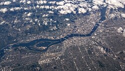 Aerial view of Portland and its bridges across the Willamette River