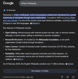 AI Overviews result for "What is Wikipedia", generated on 2 March 2026