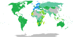 Visa-free entry countries for Czech citizens in green, EU in blue (see citizenship of the European Union)