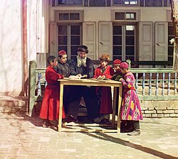Jewish students with their teacher in Samarkand, Uzbekistan c. 1910.