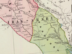 The Basra Vilayet of the Ottoman Empire in 1897. After the Anglo-Ottoman Convention of 1913, Kuwait was established as an autonomous kaza, or district, of the Ottoman Empire and a de facto protectorate of Great Britain.[95]