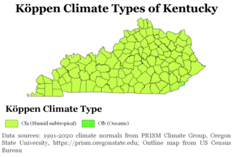 Köppen climate types of Kentucky, using 1991–2020 climate normals.