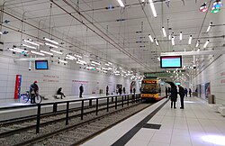 A tram at the subterranean Durlacher Tor – KIT Campus Süd station