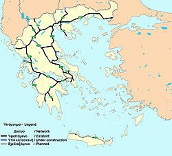 Map of Greece's motorway network as of 2022. Black=Completed routes, Blue=Under Construction, Grey=Planned routes
