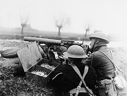 British Lewis gun team on the bank of the Lys canal during Battle of Hazebrouck, 15 April 1918