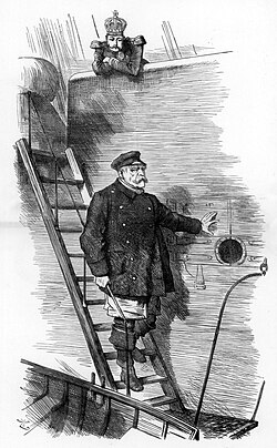 "Dropping the Pilot" by John Tenniel, published in Punch on 29 March 1890, two weeks after Bismarck's forced resignation as Chancellor