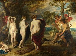 The Judgment of Paris by Peter Paul Rubens (c. 1636), depicting the goddesses Hera, Aphrodite and Athena, in a competition that causes the Trojan War. This Baroque painting shows the continuing fascination with Greek mythology