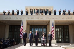 From left to right: Presidents Barack Obama, George W. Bush, Bill Clinton, George H. W. Bush, and Jimmy Carter at the dedication of the George W. Bush Presidential Library and Museum in Dallas in 2013