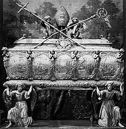 Embossed silver sarcophagus of Saint Stanislaus in the Wawel Cathedral was created in main centres of the 17th century European silversmithery – Augsburg and Gdańsk[108]