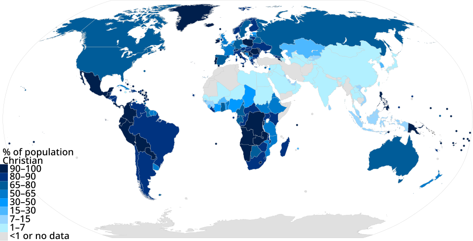 The global distribution of Christians: Countries colored a darker shade have a higher proportion of Christians.[372]