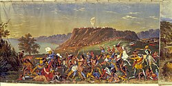 The Natchez revolt of 1729, where the Natchez slaughtered most of the French soldiers and colonists, with Fort Rosalie in the background, from a panoramic painting by John Egan, c. 1850