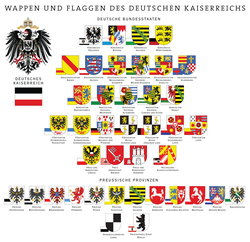 The flags and coat of arms of all states, the Imperial Territory of Alsace-Lorraine, and the Prussian provinces