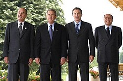 Jacques Chirac, George W. Bush, Blair and Silvio Berlusconi during the G8 Summit in Évian, 2003
