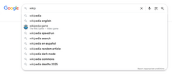 A screenshot of suggestions by Google Search when "wikip" is typed