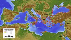 Map of Phoenician (in yellow) and Greek colonies (in red) about 8th to 6th century BC