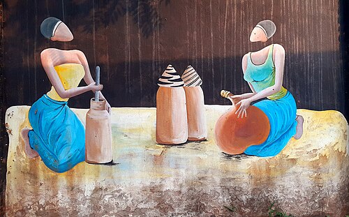 Visual art depicting traditional milk churning