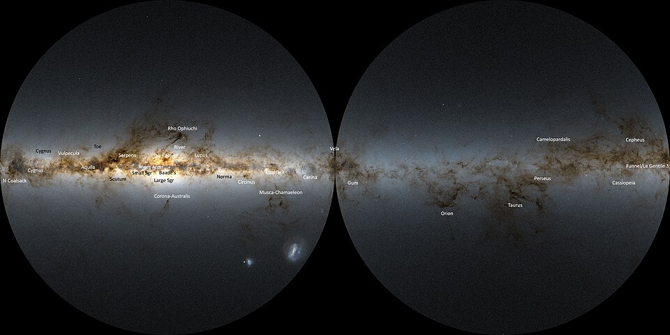 The Milky Way as seen from Earth, with prominent dark features labeled in white, as well as prominent star clouds labeled in black. Below center left are the Large and Small Magellanic Clouds. The star-like objects are globular clusters of the Milky Way.
