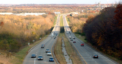 A divided highway (U.S. Route 52) in the state of Indiana