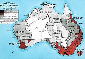 Lantern slide produced for the Australian Inland Mission based on the 1921 census. It shows the Australian population enumerated in the census graded for population density.