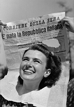 The symbolic photo of the birth of the Republic, which portrays the face of a young woman emerging from a copy of Il Corriere della Sera of 6 June 1946 with the title «È nata la Repubblica Italiana» ("The Italian Republic is born").