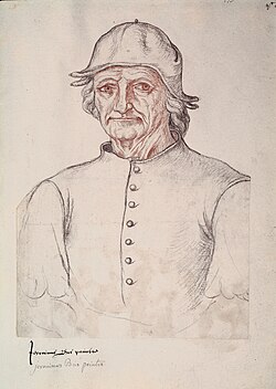Hieronymus Bosch, in a c. 1550 drawing once thought to be a copy of a self-portrait. His age in this representation (believed to be around 60 years) has been used to estimate his date of birth, although its attribution remains uncertain.[90]