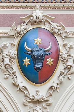 The coat of arms of Bukovina, a constituent country of the Imperial Austrian Council, depicted at the Assembly Hall in the Viennese Justice Palace.