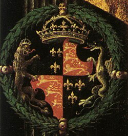 Early example of the Royal Arms of England with lion and dragon as supporters, from a painting of Edward VI dated c. 1547