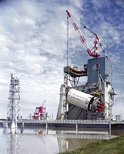 An S-II stage hoisted onto the A-2 test stand at the Mississippi Test Facility