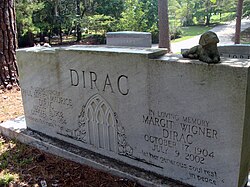 The tombstone of Dirac and his wife in Roselawn Cemetery, Tallahassee, Florida. Their daughter Mary Elizabeth Dirac, who died 20 January 2007, is buried next to them