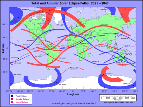 Eclipse path for total and hybrid eclipses from 2021 to 2040