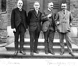 Left to right: Max Reich [de], Max Born, James Franck, and Robert Pohl (the bonzen) in 1923