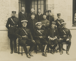 British and French officers at French manoeuvres, 1914. Lieutenant General Haig is sat in the front row on the extreme right.