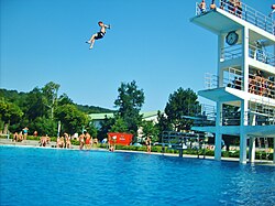 A jump from a 10 metre diving platform that has been performed by taking a running start. A running start increases the difficulty of the jump and the chances that the person may over rotate and impact the water with their stomach or back instead of their feet.[20] Germany. 2007