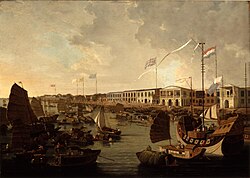 An oil painting of European and Chinese ships docked at a trading port