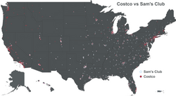 Costco vs Sam's Club locations in the United States