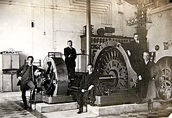 The generator room of the Krka hydroelectric plant (1895), with one of the first polyphase AC distribution systems in the world[5]