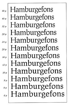 A set of optical sizes developed at URW of the typeface Leipziger Antiqua. The fonts become thicker and more widely spaced as the point size for which they are designed decreases.