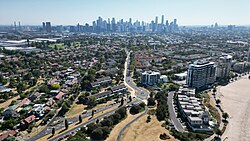 The skyline of Melbourne from Port Melbourne, 2023.