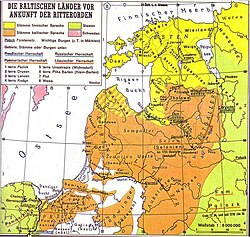 Baltic lands before the invasion of Catholic crusaders, c. 1202. Baltic-speaking peoples are marked in orange, Finnic-speaking peoples in yellow.