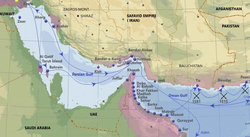 Purple – Portuguese in the Persian Gulf in the 16th and 17th century. Main cities, ports and routes.