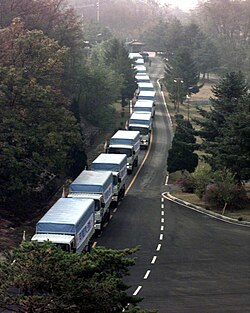 South Korean aid convoy entering North Korea through the Demilitarized Zone, 1998