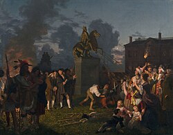Johannes Adam Simon Oertel's portrait Pulling Down the Statue of King George III, N.Y.C., c. 1859, depicts citizens destroying a statue of King George after the Declaration was read in New York City on July 9, 1776.