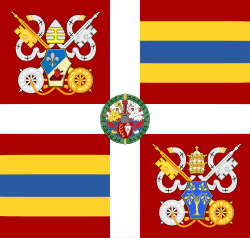 Banner of the Swiss Guard with the coat-of arms of commander Christoph Graf, Pope Leo XIV and Pope Julius II.